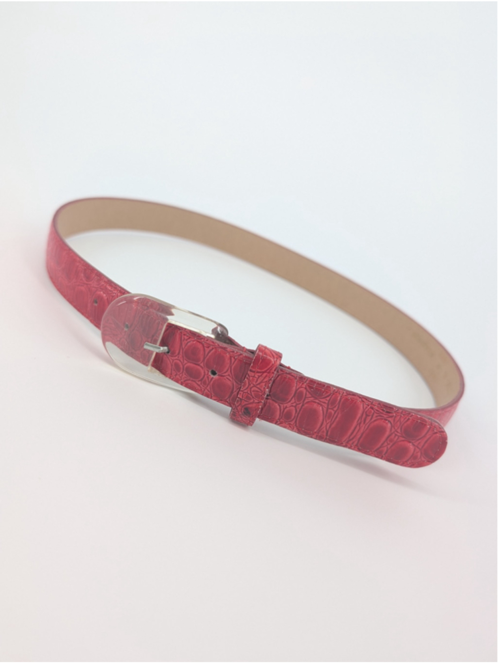 Vintage Schaffer Red Croc Embossed Belt Clear Acrylic Buckle 28-31 Lipstick Red